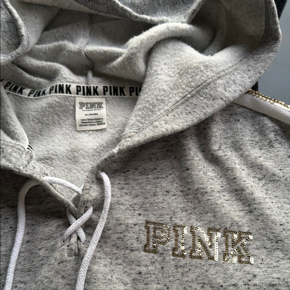 PINK Gold & Roses Sequin Heather Gray Hoodie with Gold Sequin Stripe - Picture 4 of 10